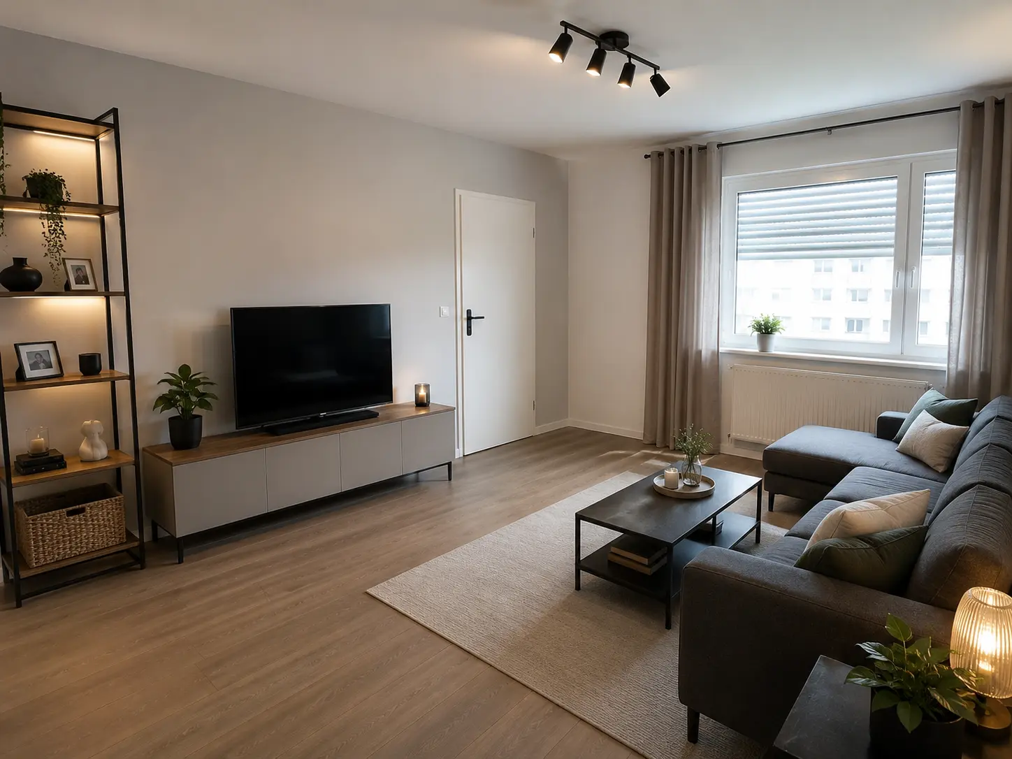 Fertig renoviertes Wohnzimmer mit modernem Bodenbelag und eingerichtetem Wohnbereich in Hamburg
